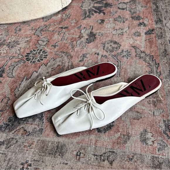 ZARA White Leather Lace-Up Square Toe Mules Slides Size 37 - Picture 2 of 6